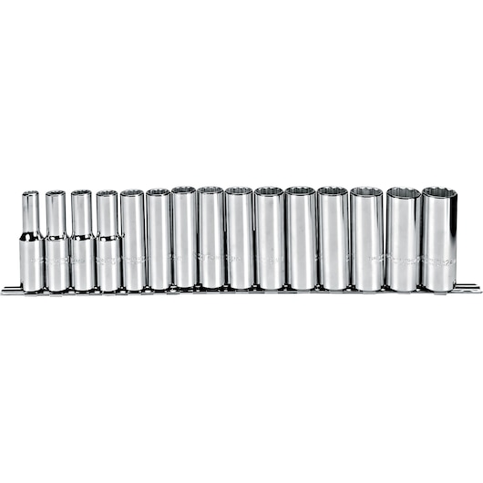 PROTO J54207 chrome socket set with 15 deep sockets on rail, photographed from front on white background.
