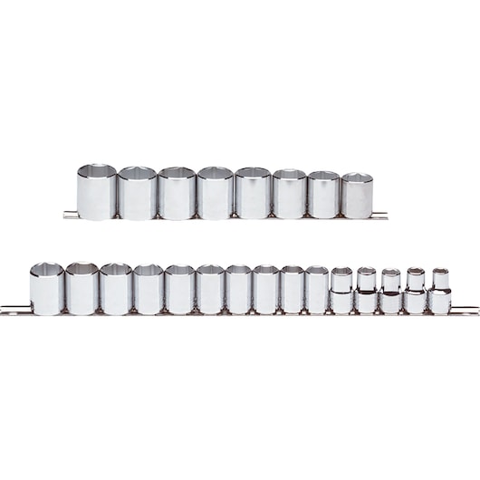 PROTO J54209 chrome socket set on rails, photography, front angle, assortment of sockets, white background.