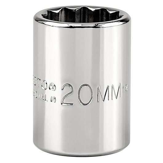 PROTO J5420M 20mm chrome socket, twelve-point design, vertical angle on white background.
