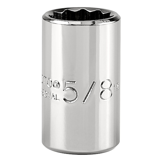 PROTO J5420 chrome socket, 5/8 inch size, twelve-point, vertical angle, white background.