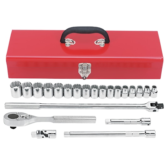 PROTO J54210 socket set with polished chrome sockets, ratchets, extensions, and red metal case, top view.
