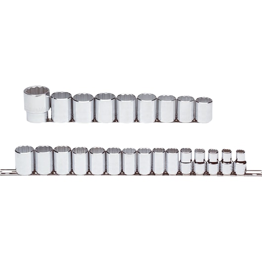 PROTO J54211 chrome socket set on rail, front angle, various sizes arranged in two rows.