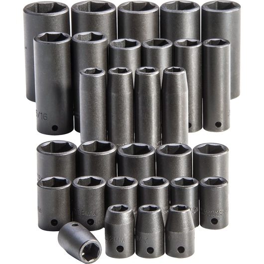 PROTO J54215 socket set, 26-piece black chrome sockets, front angle on white background.