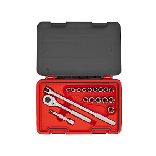 PROTO J54218S socket set with ratchet, extension bars, and sockets in red and black case, top view.