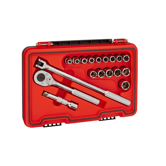 PROTO J54218S socket wrench set with chrome tools in red case, top view, photography
