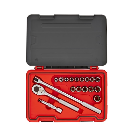 PROTO J54218T socket and ratchet set in red and black plastic case, top-down angle.