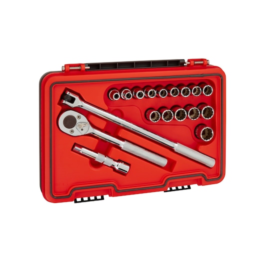 PROTO J54218T chrome socket wrench set in red case, top-down view on white background.