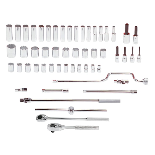 PROTO J54218 socket and ratchet set, chrome finish, various socket sizes, photographed on white background.