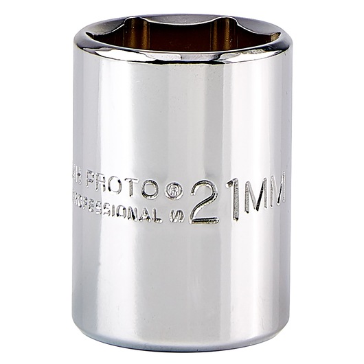 Photo of PROTO 21mm chrome socket, SKU J5421MH, tool category, front angle on white background.