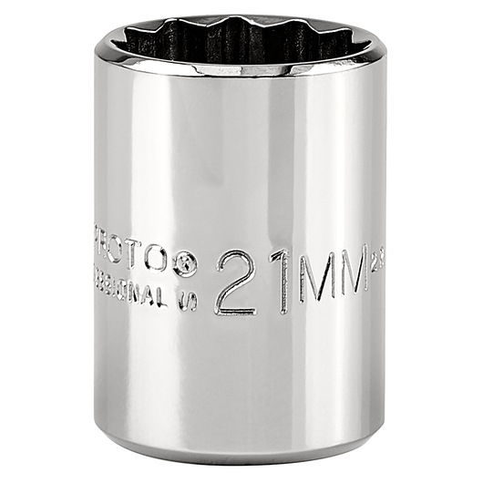 PROTO J5421M chrome 21mm socket, close-up front angle on white background.
