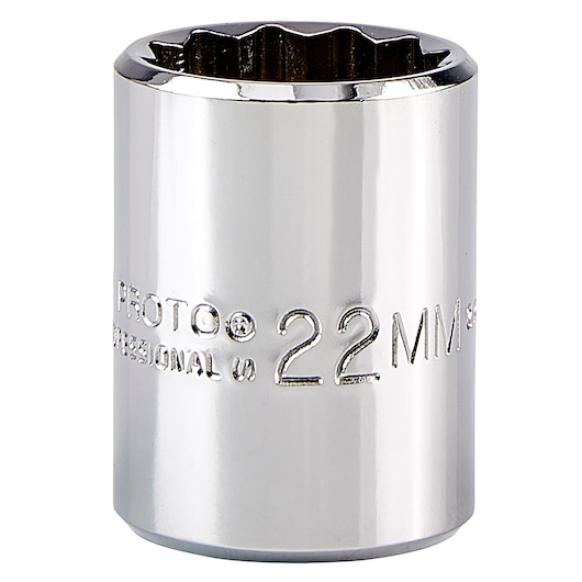 PROTO J5422M chrome 22mm socket, close-up, white background.