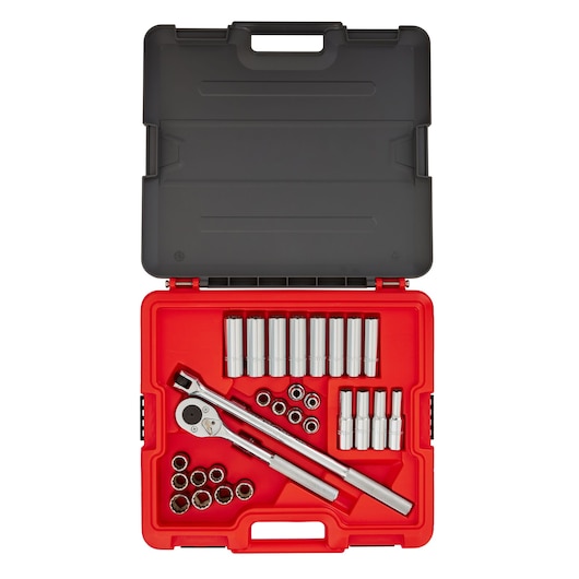 PROTO J54230T socket set with ratchet and extension bars, arranged in a red and black hard case, top-down view.