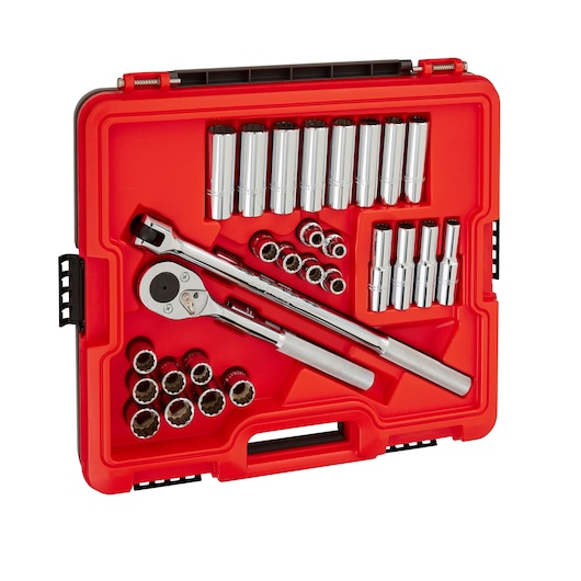 PROTO J54230T socket wrench set with chrome sockets and extensions in a red carrying case, top-down angle.