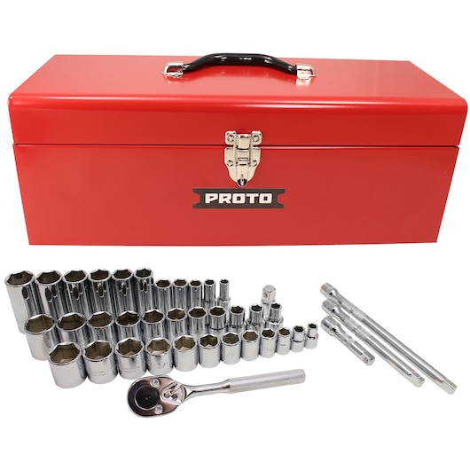 PROTO J54239 socket set with polished sockets, ratchet, and extensions, shown with a red metal toolbox, front angle.