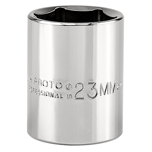 PROTO J5423MH chrome 23mm socket, front angle on white background.