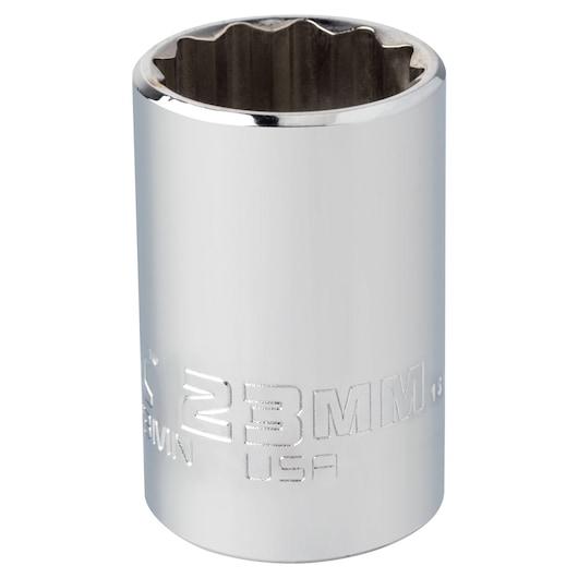 PROTO J5423MN chrome finish 23mm socket, vertical angle on white background.
