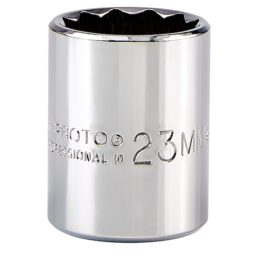 PROTO J5423M chrome 23mm socket, close-up on white background, cylindrical with engraved size marking.