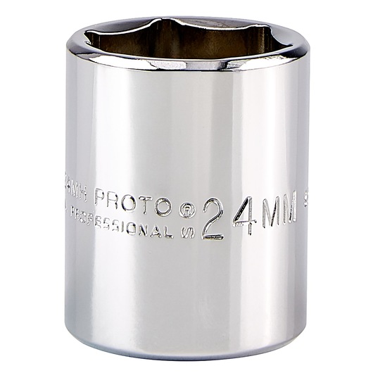 PROTO J5424MH chrome 24mm socket, cylindrical shape, front angle on white background.