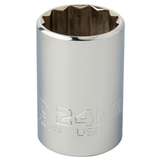 PROTO J5424MN 24mm chrome socket, close-up angle, engraved size marking, tool photography on white background.