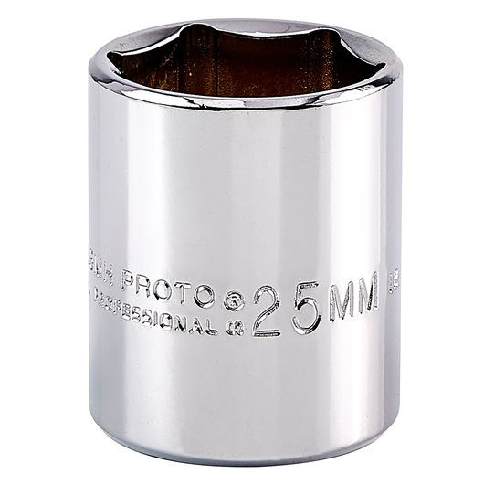 PROTO J5425MH chrome 25mm socket, cylindrical design, front angle on white background.
