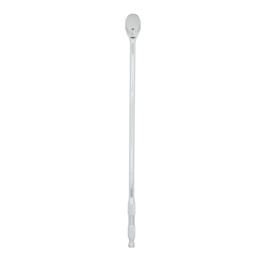 A long, chrome-finished ratchet wrench with a textured handle, shown standing vertically against a white background.