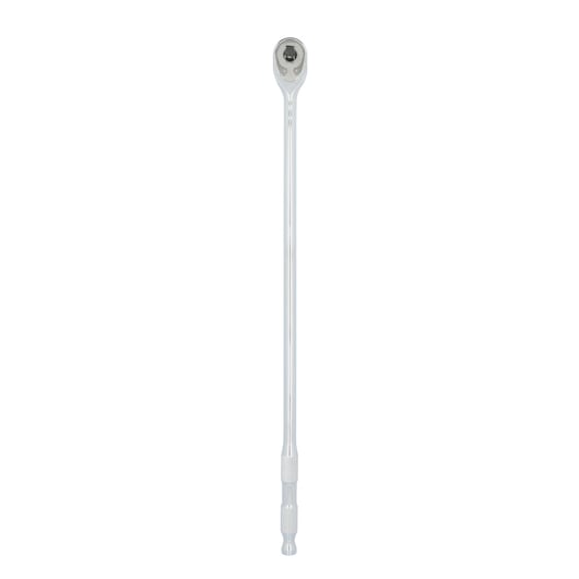 A long, silver ratchet wrench shown vertically against a white background.