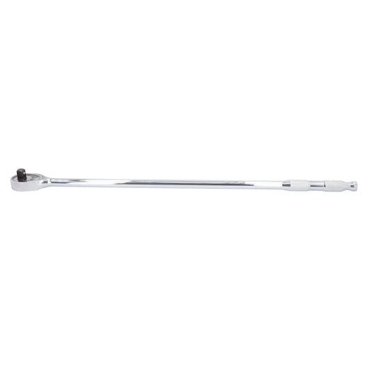 A long-handled, chrome-plated ratchet wrench photographed on a white background.