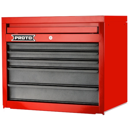 PROTO J542719-5SG red and black tool chest with five drawers, front angle on white background.