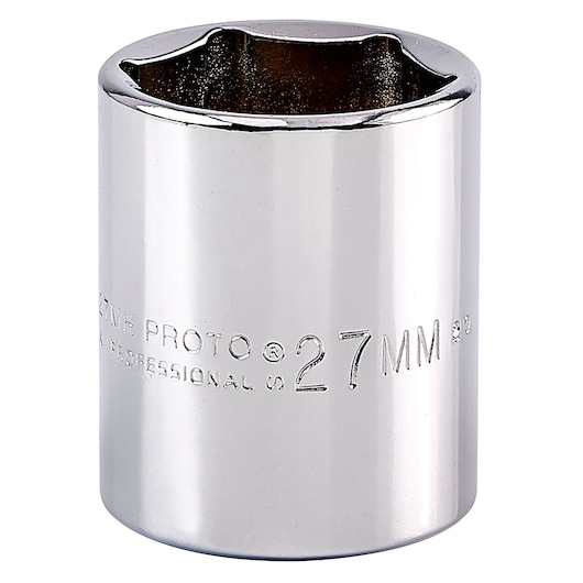 PROTO 27mm chrome socket, SKU J5427MH, tool photography, front angle on white background.