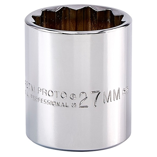 Photo of PROTO J5427M chrome 27mm socket, cylindrical shape, twelve-point opening, front angle, white background.
