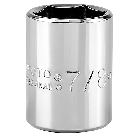 PROTO J5428H chrome socket, 7/8 inch, cylindrical shape, engraved size, front angle, white background.