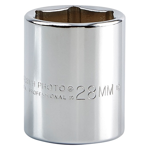 PROTO J5428MH chrome socket, 28mm, six-point design, side angle on white background.