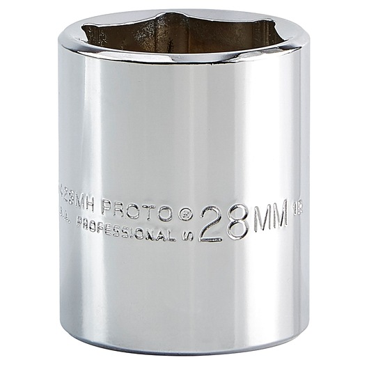 PROTO J5428M chrome 28mm socket, six-point design, professional hand tool, close-up on white background.