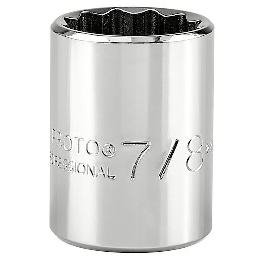 Photo of PROTO J5428 chrome socket, 7/8 inch size, 12-point, photographed on white background.