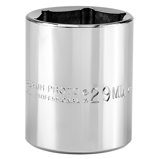 Photo of PROTO J5429MH chrome 29mm socket, front angle, shiny finish, product markings visible.