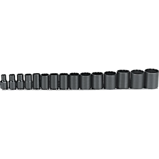 PROTO J54302 socket set, black, multiple sizes, side view on white background.