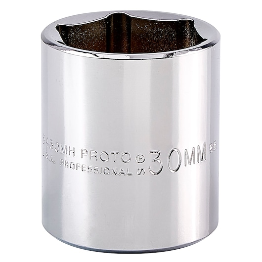 Photo of PROTO J5430MH 30mm chrome socket, six-point design, side angle on white background.