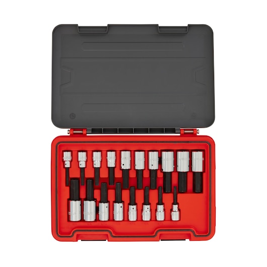 PROTO J54318H socket bit set with 18 pieces in a red and black hard case, photography top view.