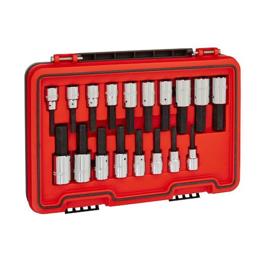 PROTO J54318H socket bit set with chrome and black pieces in a red hard case, photography of set angled on white background.