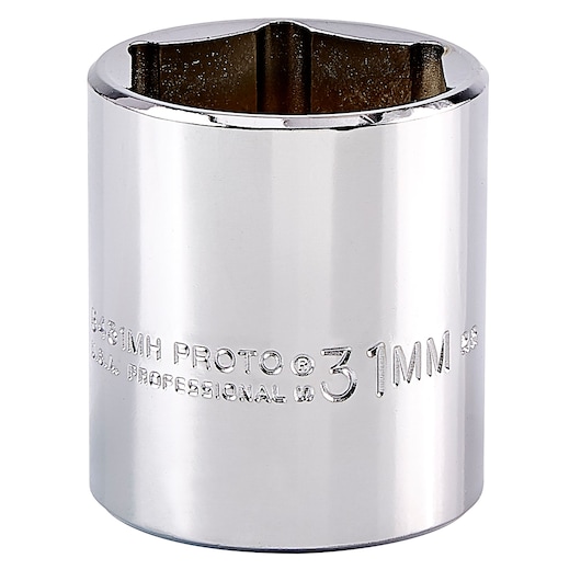 Photo of PROTO J5431MH chrome socket, 31mm, cylindrical, white background.