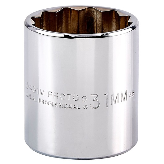 PROTO J5431M 12-point 31mm chrome socket, close-up front angle on white background, hand tool accessory.