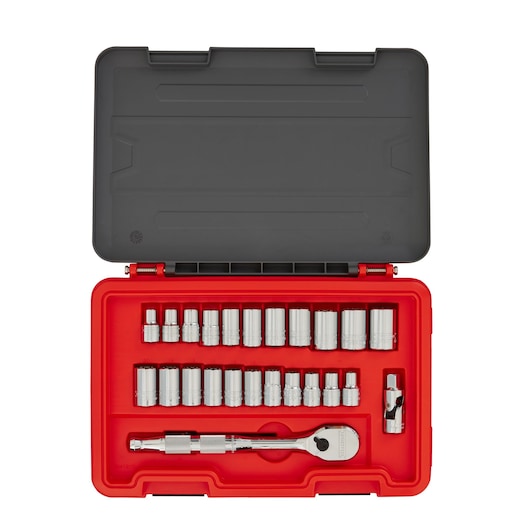 PROTO J54325AS socket wrench set with sockets and accessories in a red case, top view on white background.