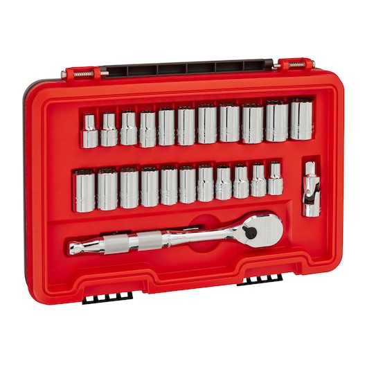 PROTO J54325AS socket set in red case, includes ratchet, extension bar, and various chrome sockets, top view.