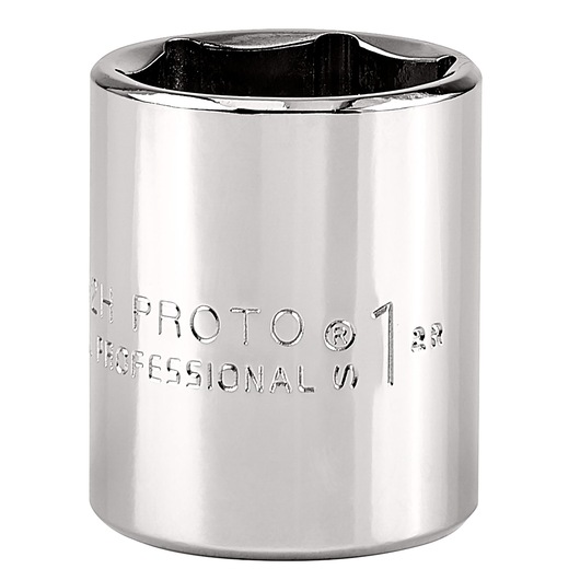 PROTO J5432H chrome socket, 1 inch, six-point, shown upright on white background.