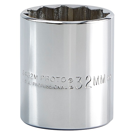 Front view photo of PROTO J5432M chrome socket, 32mm size, shiny finish, on white background.