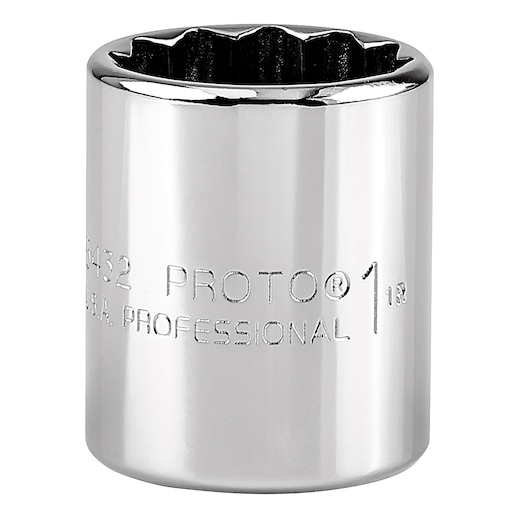PROTO J5432 chrome socket, 12-point, 1-1/8 inch, front angle on white background.