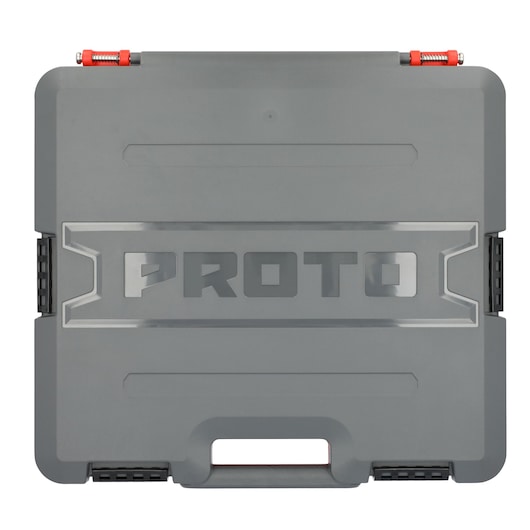 A gray hard plastic carrying case with a handle, featuring the brand name 'PROTO' embossed on the front. The case has black and red latches for secure closure.