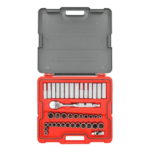 A ratchet and socket set stored in a red and gray plastic carrying case, with various sockets organized by size and accessories included.