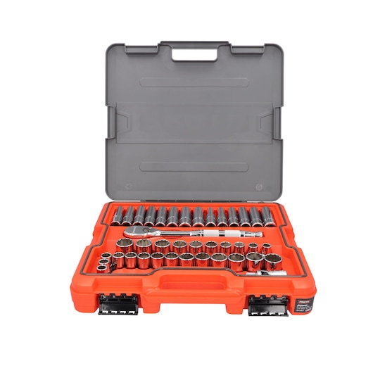A set of socket wrenches and accessories organized in an orange and gray hard plastic carrying case with the lid open.