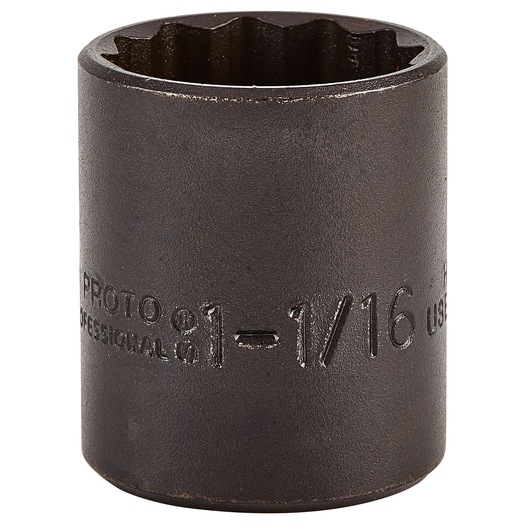 PROTO J5434B socket, black finish, 12-point, straight-on angle, large engraved size marking.